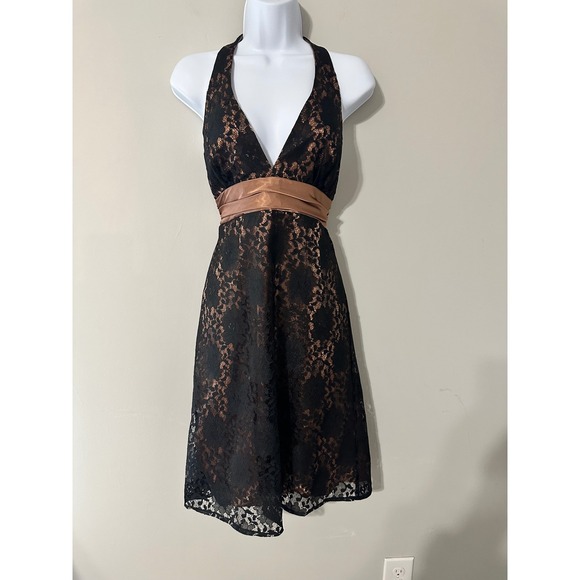 Bari Jay Dresses & Skirts - Bari Jay Black Bronze Lace Halter Neck Sheath Dress Size 8 Bow‎ Tie Back